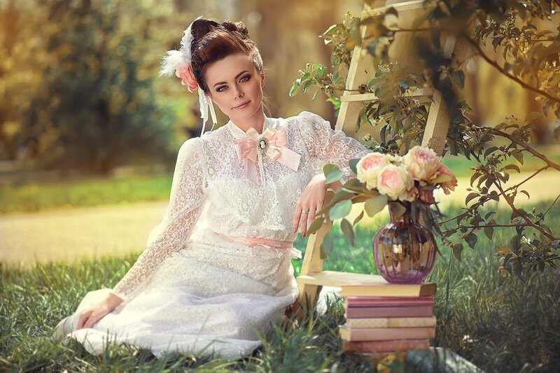 Woman in White Dress — Serene, Afternoon, Photograph, Flowers, Books