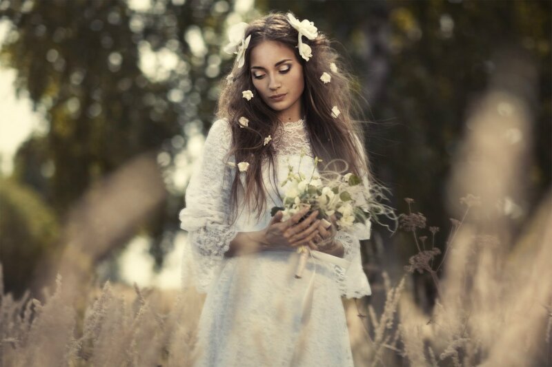 Woman in White Dress — Serene, Afternoon, Photograph, Flowers, Field, Bouquet