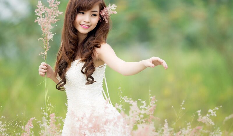 Woman in White Dress — Serene, Afternoon, Photograph, Flowers, Field, Green, Pink