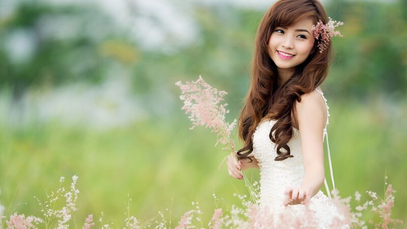 Woman in White Dress — Serene, Afternoon, Photograph, Flowers, Field, Hair Accessory
