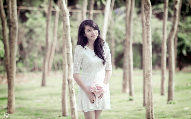 Woman in White Dress — Serene, Afternoon, Photograph, Flowers, Trees, Grass, Green