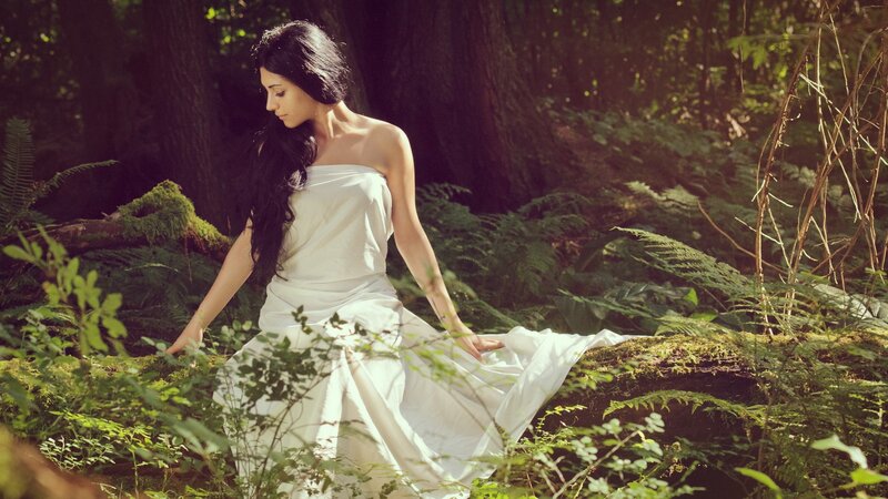 Woman in White Dress — Serene, Afternoon, Photograph, Forest, Moss, Fern, Green, Brown