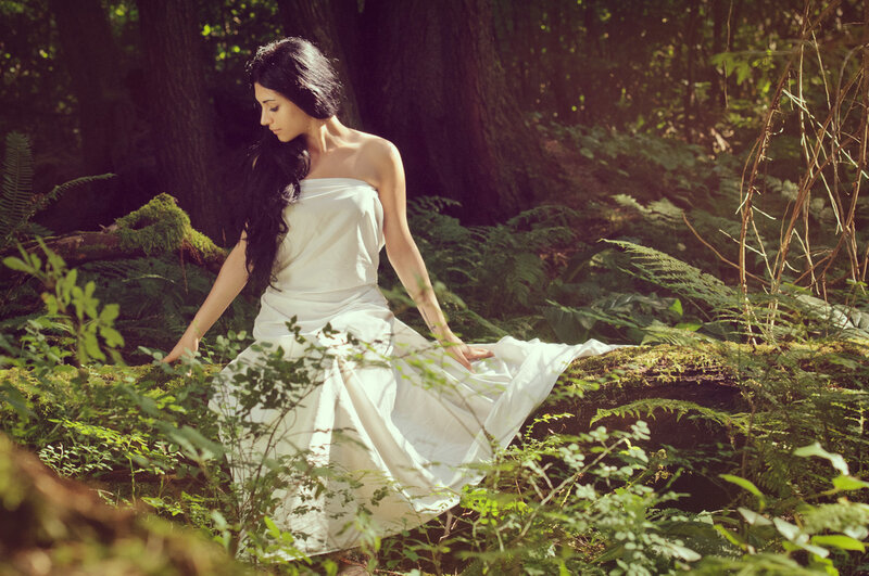 Woman in White Dress — Serene, Afternoon, Photograph, Forest, Moss