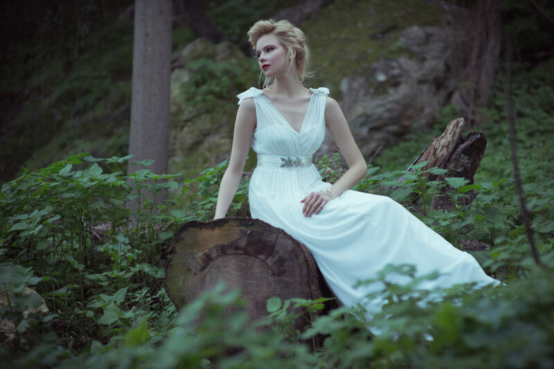 Woman in White Dress — Serene, Afternoon, Photograph, Forest, Tree Stump