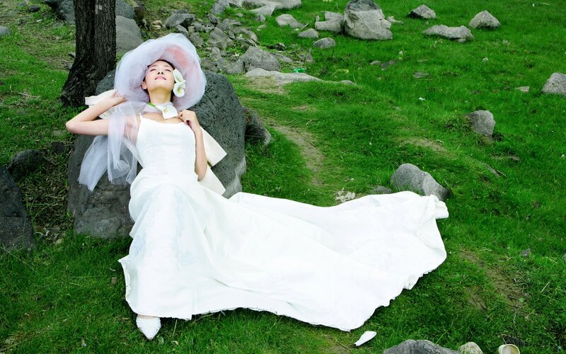 Woman in White Dress — Serene, Afternoon, Photograph, Grass, Rocks