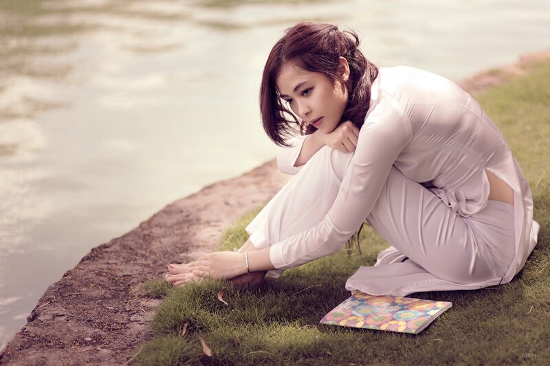 Woman in White Dress — Serene, Afternoon, Photograph, Grass, Water