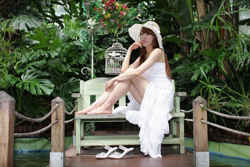 Woman in White Dress — Serene, Afternoon, Photograph, Hat, Bench