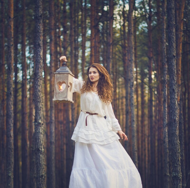 Woman in White Dress — Serene, Afternoon, Photograph, Lantern, Forest