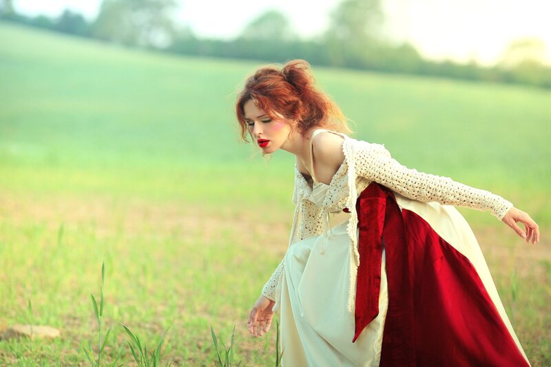 Woman in White Dress — Serene, Afternoon, Photograph, Red Hair, Green Field