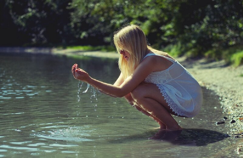 Woman in White Dress — Serene, Afternoon, Photograph, River, Trees