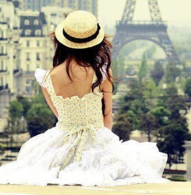 Woman in White Dress — Serene, Afternoon, Photograph, Straw Hat, Eiffel Tower