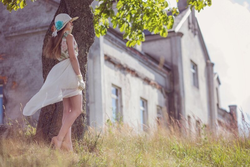 Woman in White Dress — Serene, Afternoon, Photograph, Tree, Building