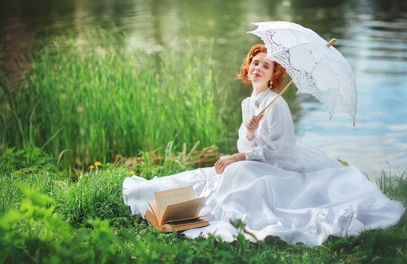 Woman in White Dress — Serene, Afternoon, Photograph, Umbrella, Book