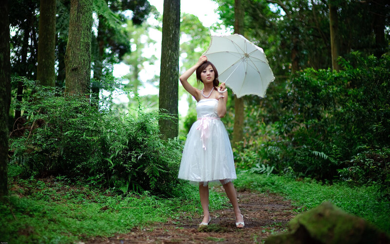 Woman in White Dress — Serene, Afternoon, Photograph, Umbrella, Forest