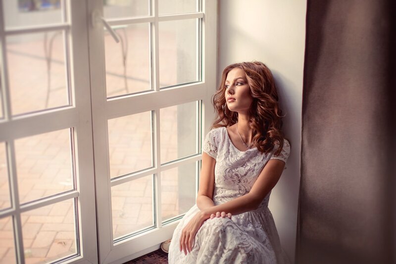 Woman in White Dress — Serene, Afternoon, Photograph, Window, Wall