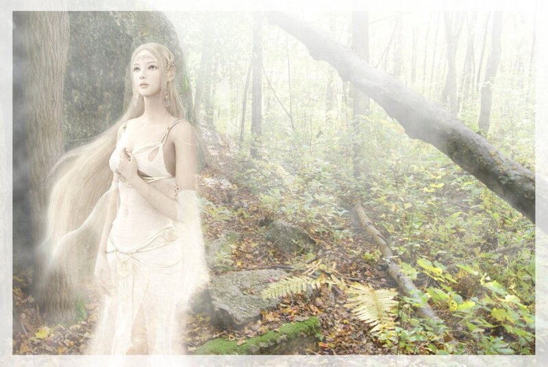 Woman in White Dress — Serene, Autumn, Digital Art, Forest, Tree