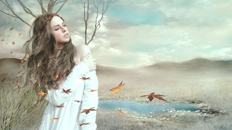 Woman in White Dress — Serene, Autumn, Digital Art, Leaves