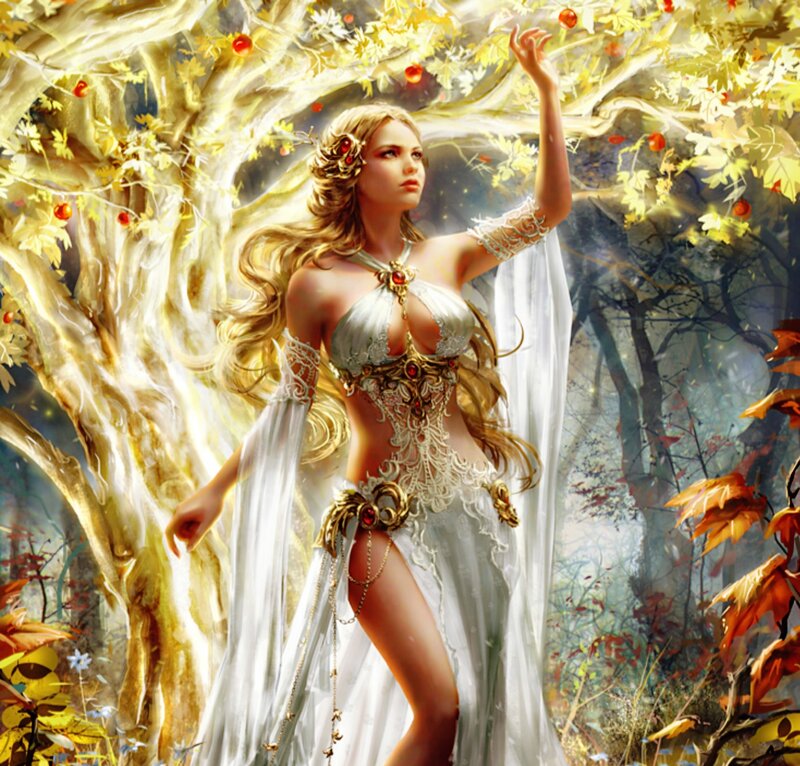 Woman in White Dress — Serene, Autumn, Digital Art, Tree, Forest