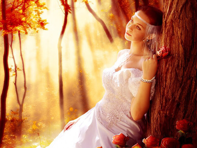 Woman in White Dress — Serene, Autumn, Digital Art, Tree