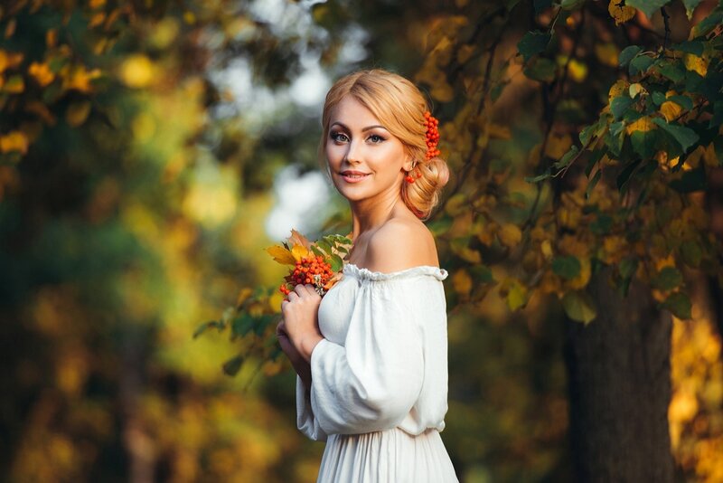 Woman in White Dress — Serene, Autumn, Photograph, Berries