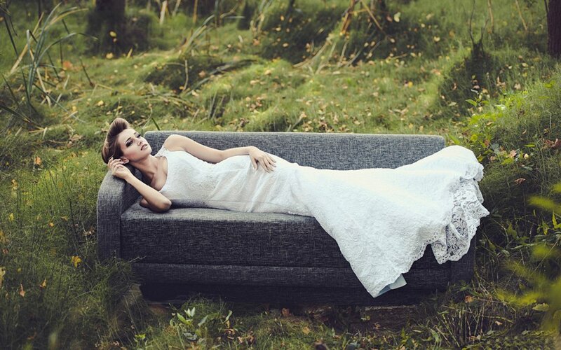 Woman in White Dress — Serene, Autumn, Photograph, Couch