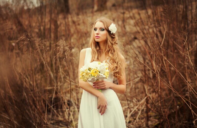 Woman in White Dress — Serene, Autumn, Photograph, Flower Bouquet, White Flower