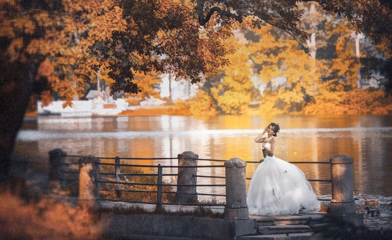 Woman in White Dress — Serene, Autumn, Photograph, Lake, Trees, Bridge