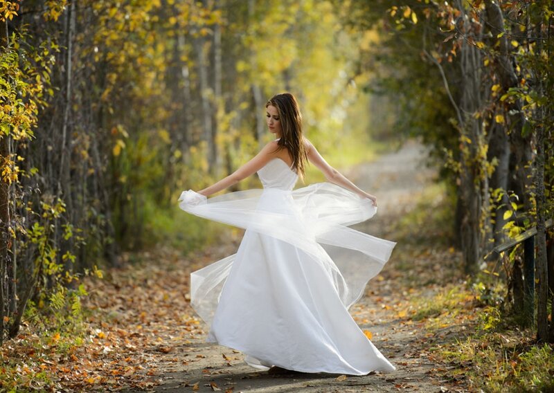Woman in White Dress — Serene, Autumn, Photograph, Path