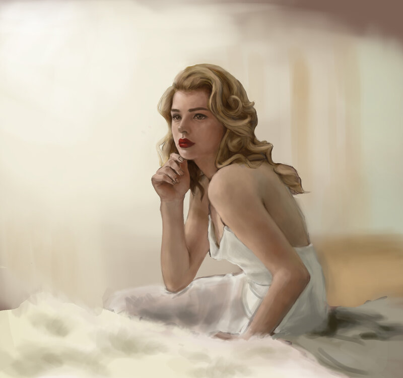 Woman in White Dress — Serene, Digital Art, Bed