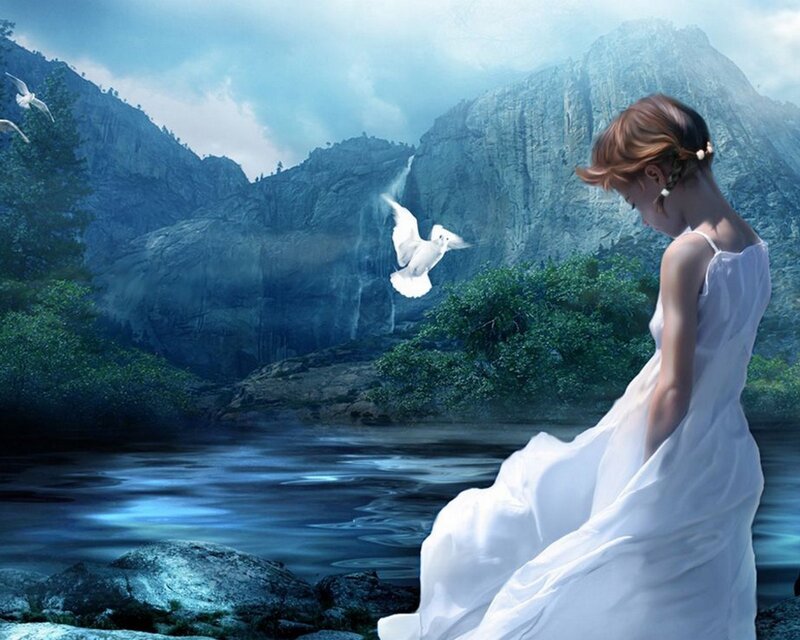 Woman in White Dress — Serene, Digital Art, Bird, Mountain