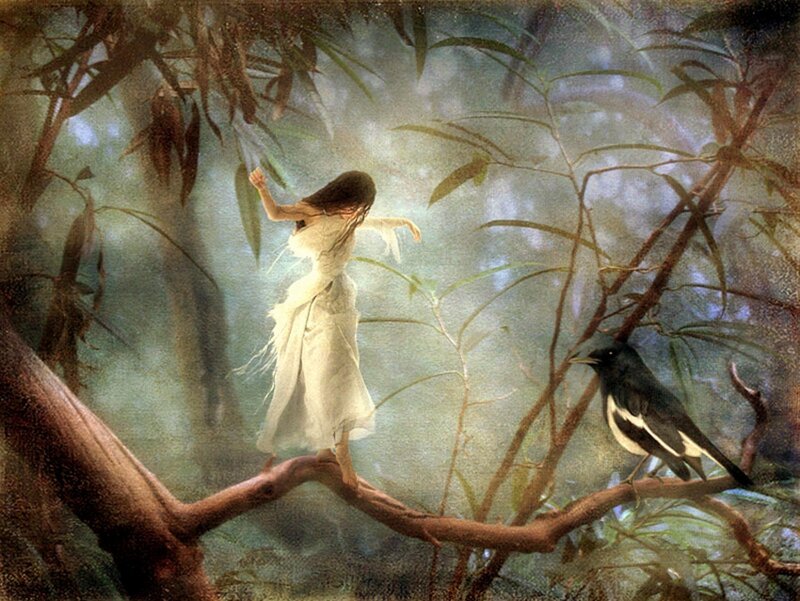 Woman in White Dress — Serene, Digital Art, Bird, Tree Branch
