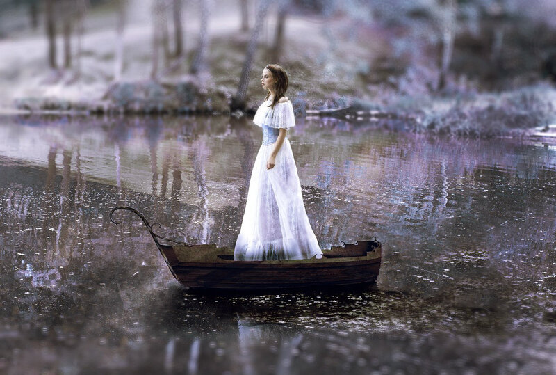 Woman in White Dress — Serene, Digital Art, Boat