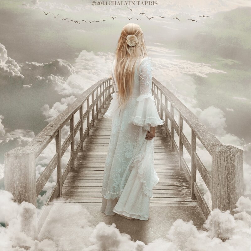 Woman in White Dress — Serene, Digital Art, Bridge