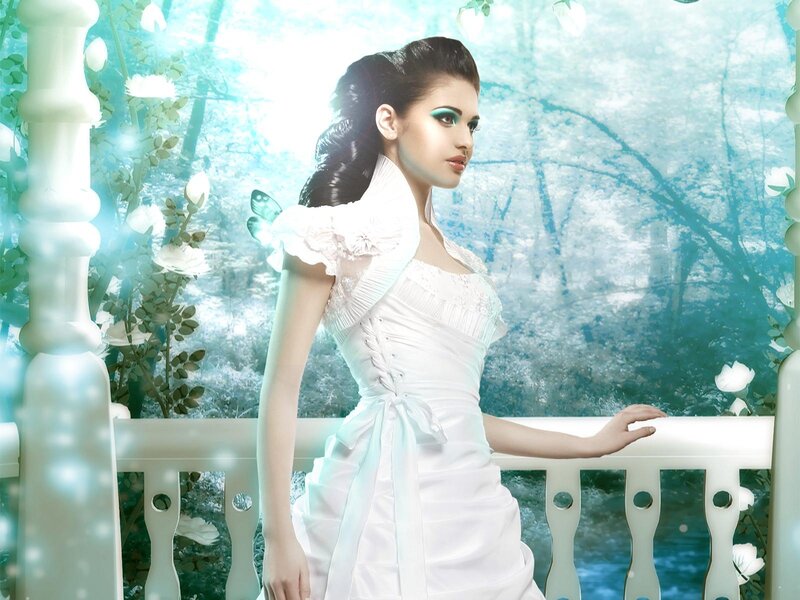 Woman in White Dress — Serene, Digital Art, Butterfly