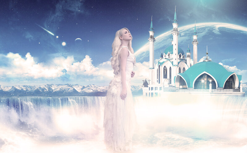 Woman in White Dress — Serene, Digital Art, Castle