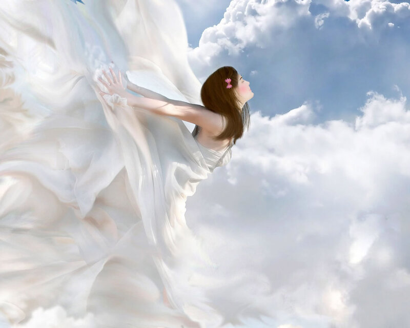 Woman in White Dress — Serene, Digital Art, Clouds, Flower