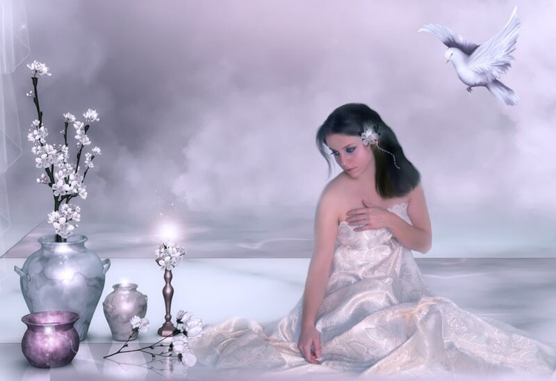Woman in White Dress — Serene, Digital Art, Dove, Flowers