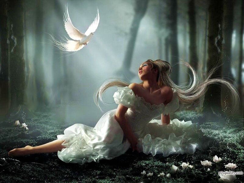 Woman in White Dress — Serene, Digital Art, Dove, Forest