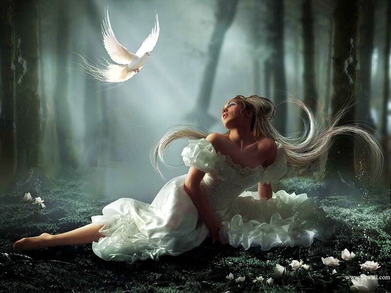 Woman in White Dress — Serene, Digital Art, Dove