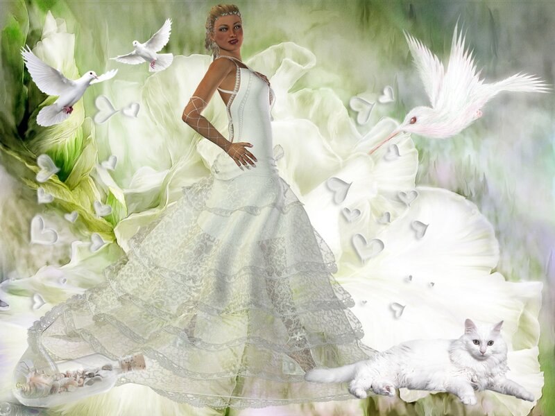 Woman in White Dress — Serene, Digital Art, Doves