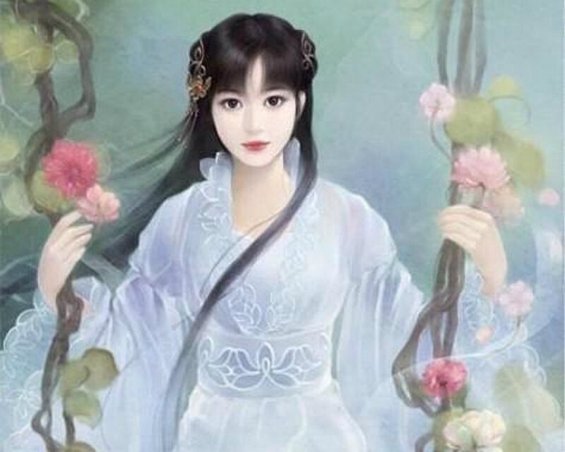 Woman in White Dress — Serene, Digital Art, Flowers, Branches