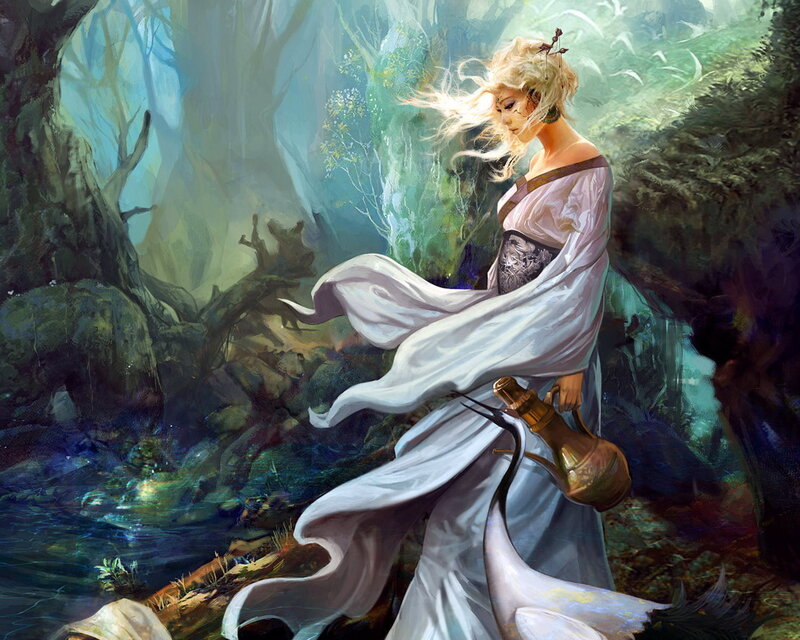 Woman in White Dress — Serene, Digital Art, Forest, Stream, Pitcher