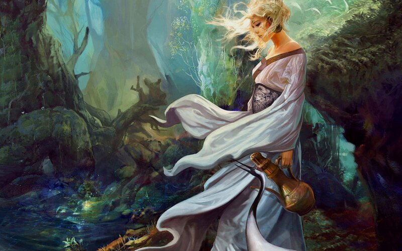 Woman in White Dress — Serene, Digital Art, Forest, Stream