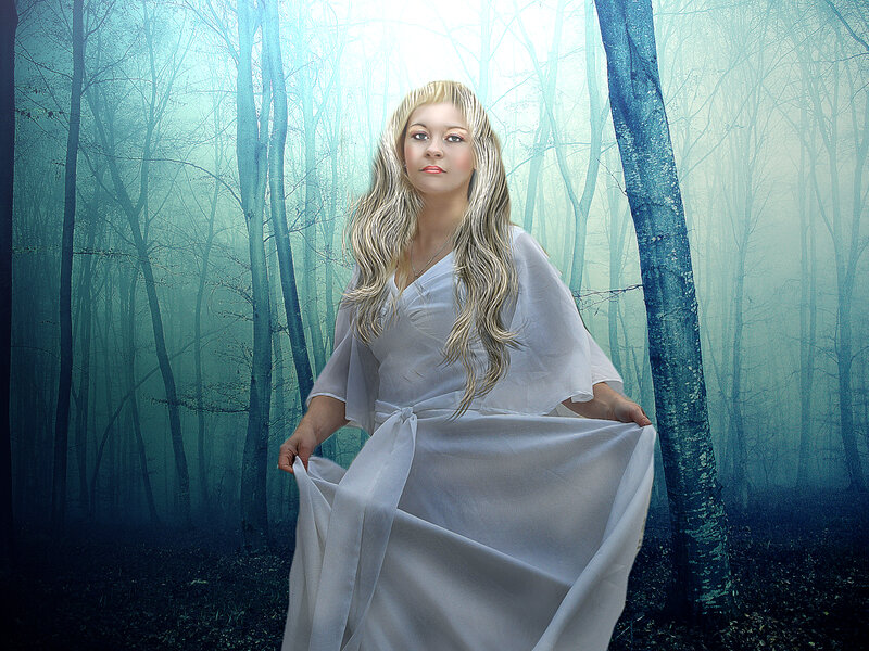 Woman in White Dress — Serene, Digital Art, Forest