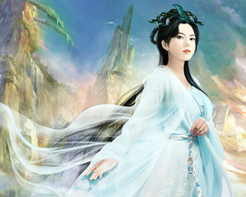 Woman in White Dress — Serene, Digital Art, Mountains