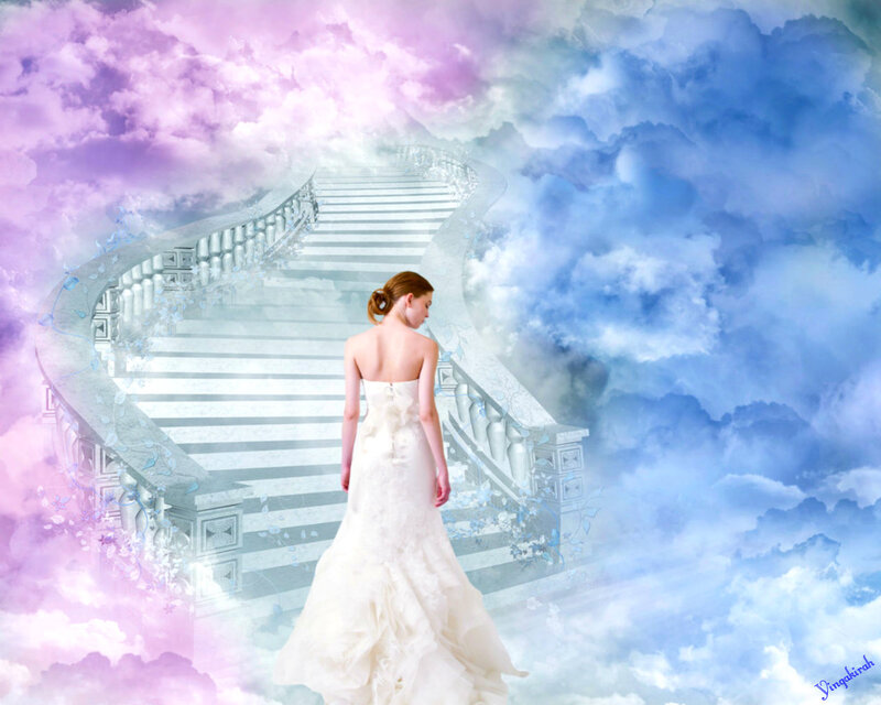 Woman in White Dress — Serene, Digital Art, Stairs, Clouds