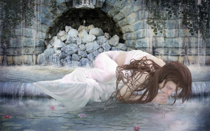 Woman in White Dress — Serene, Digital Art, Stone Arch