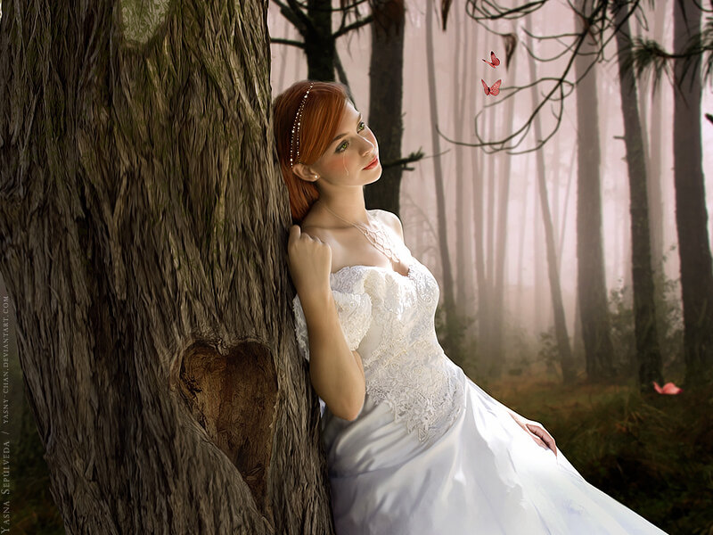 Woman in White Dress — Serene, Digital Art, Tree