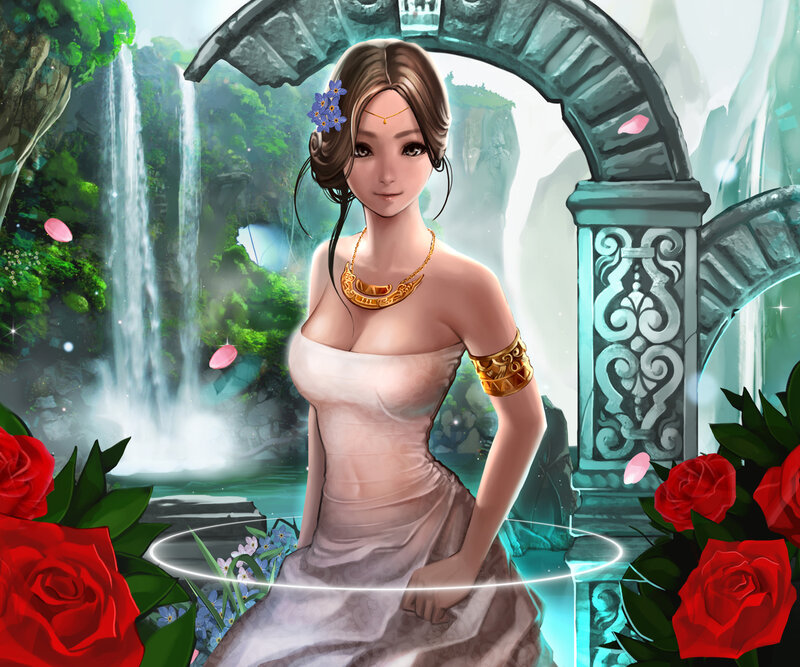 Woman in White Dress — Serene, Digital Art, Waterfall