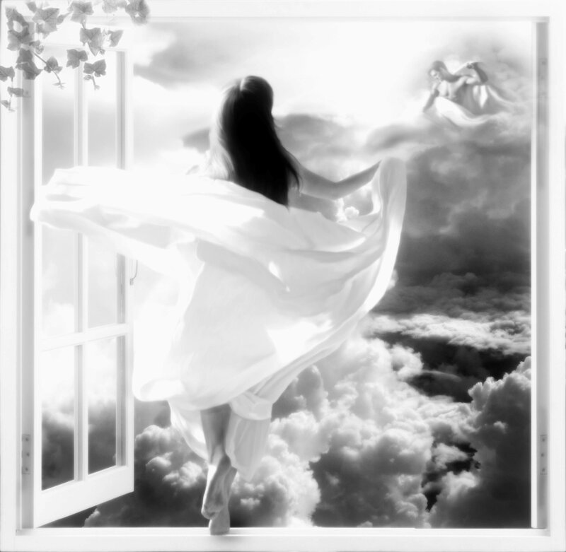 Woman in White Dress — Serene, Digital Art, Window